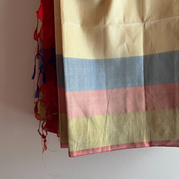 Butter yellow Red Cotton Silk Saree with Tribal Motif diwali pastel haldi - Picture 6 of 17